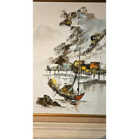 Vintage Oil Painting on Canvas Chinese Maritime Sail/Junk Boat Original - Picture 5 of 7